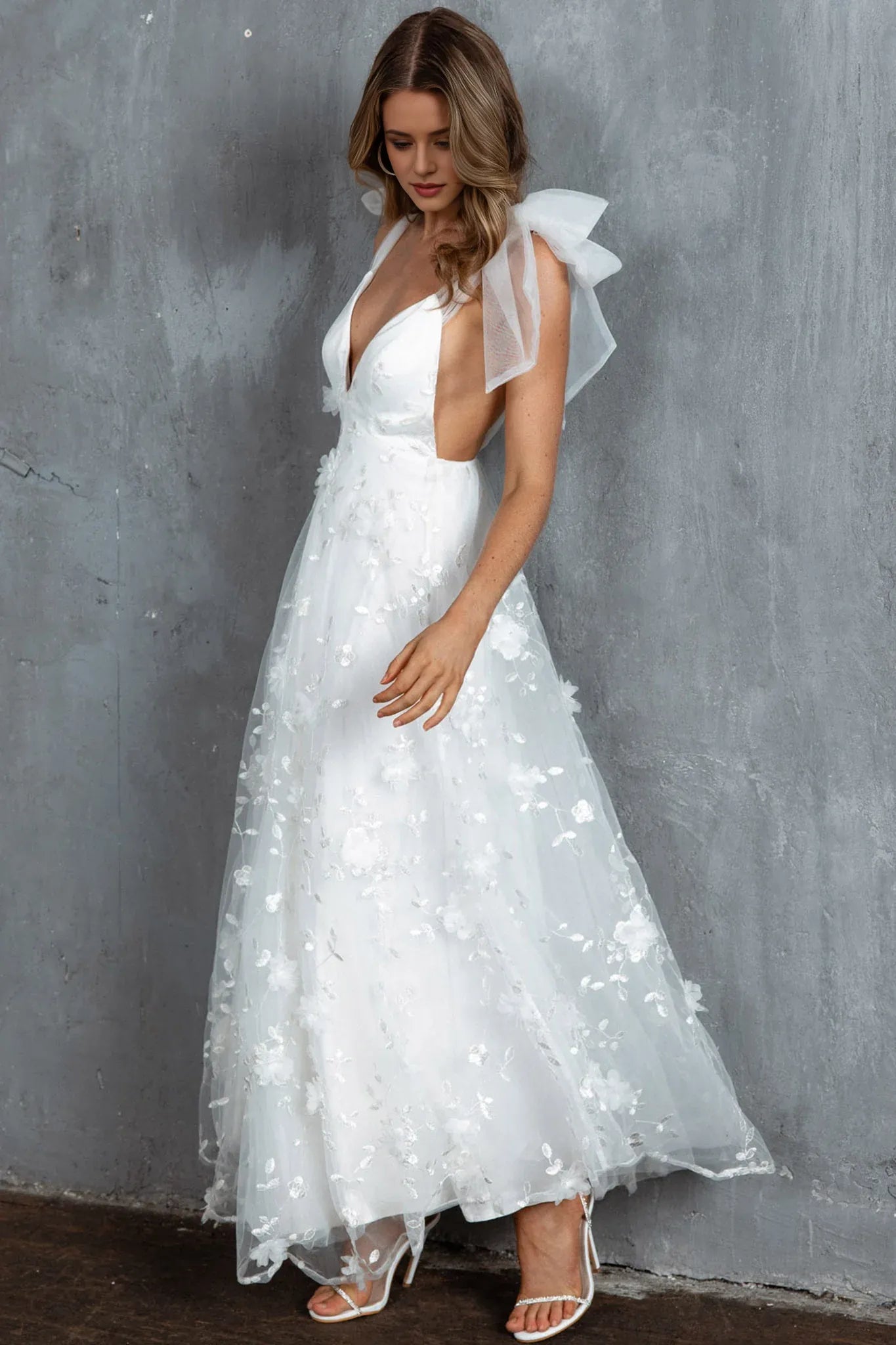 Robe Weitese longue à épaules nouées, col en V, dos nu, blanche, sans manches, coupe trapèze, robe de bal